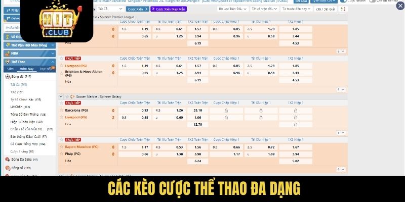 Các kèo cược thể thao đa dạng
